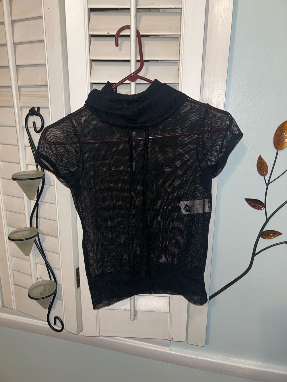 Black Sheer Short-Sleeve Turtleneck Mesh Sweater